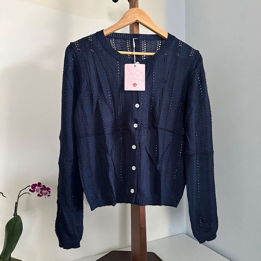 New Womens Large Navy Blue Pointelle Knit Cardigan Sweater Lightweight Openwork